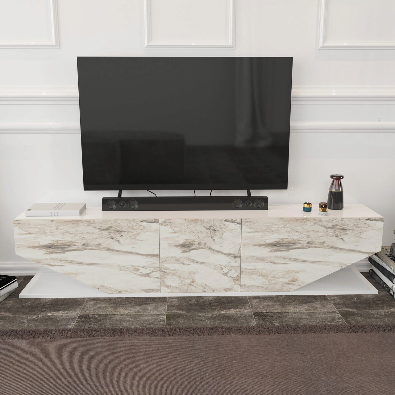 Comoda TV, Hanah Home, Inci, 180x30x45 cm, Alb / Marmura - imagine 7